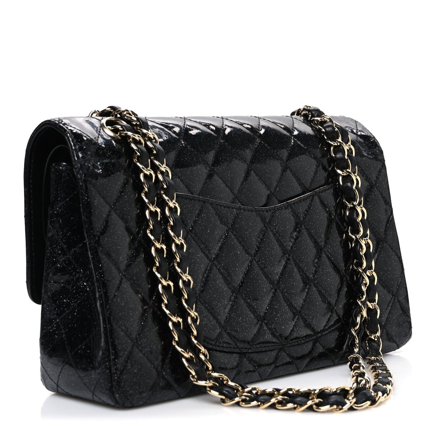 Patent Quilted Sparkle Glitter Medium Double Flap Black