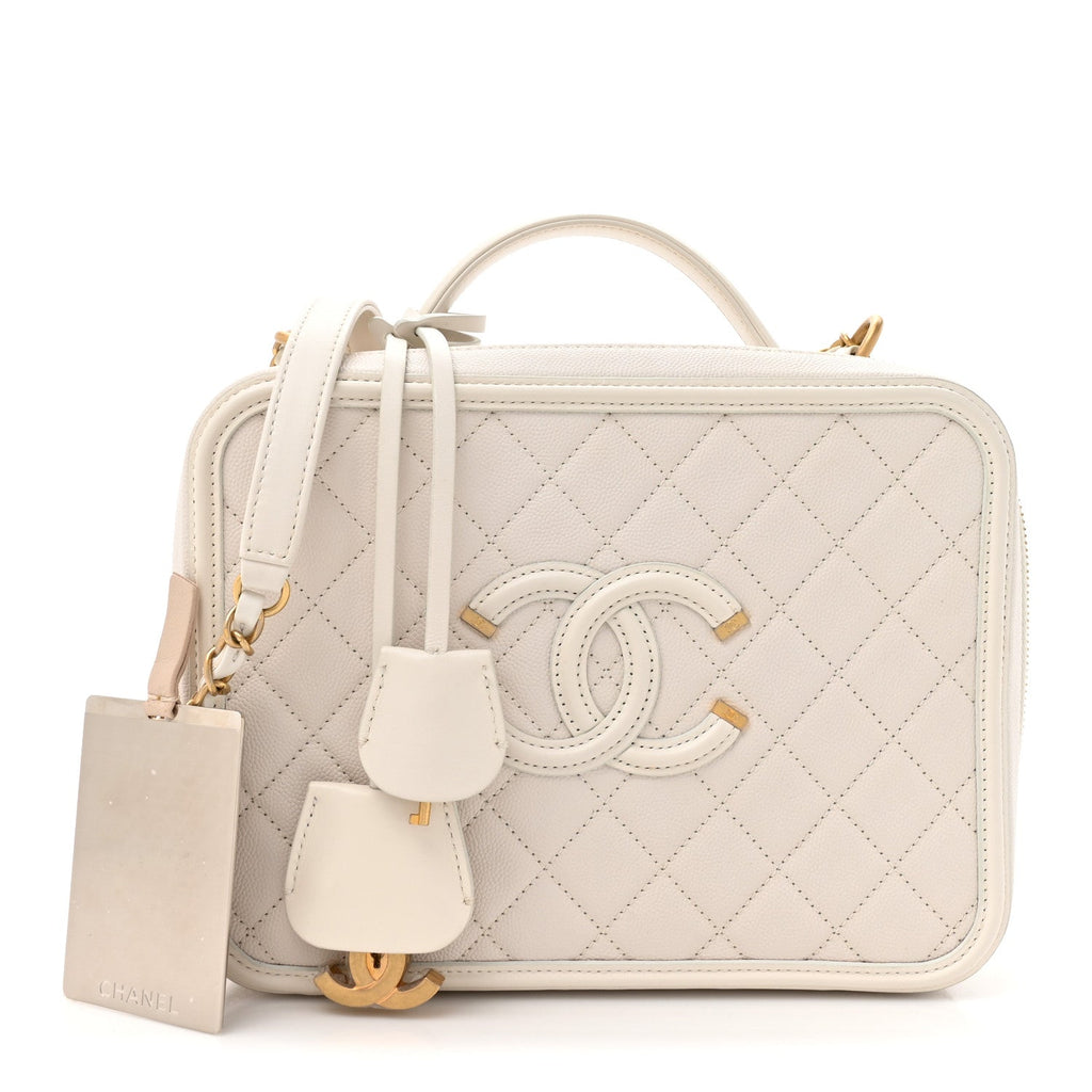 Caviar Quilted Large CC Filigree Vanity Case White