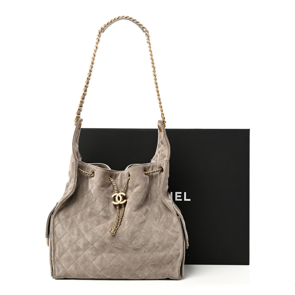 Suede Quilted Medium Chanel 25 Handbag Grey