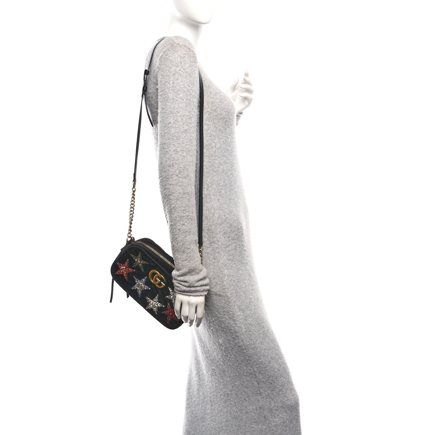 Velvet Matelasse Crystal Star Embroidered Small GG Marmont Chain Shoulder Bag Black