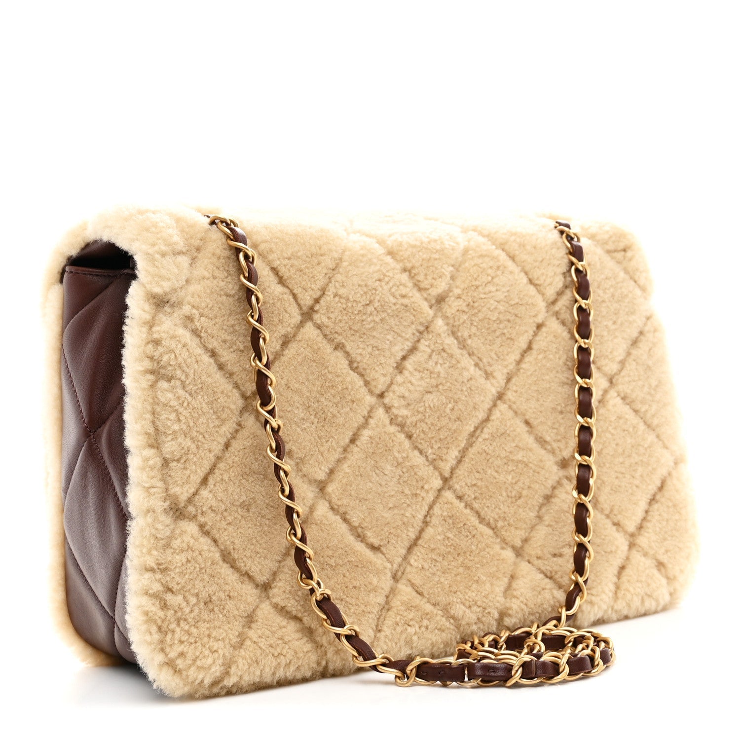 Shearling Lambskin Quilted Large Furry Coco Flap Dark Brown Beige