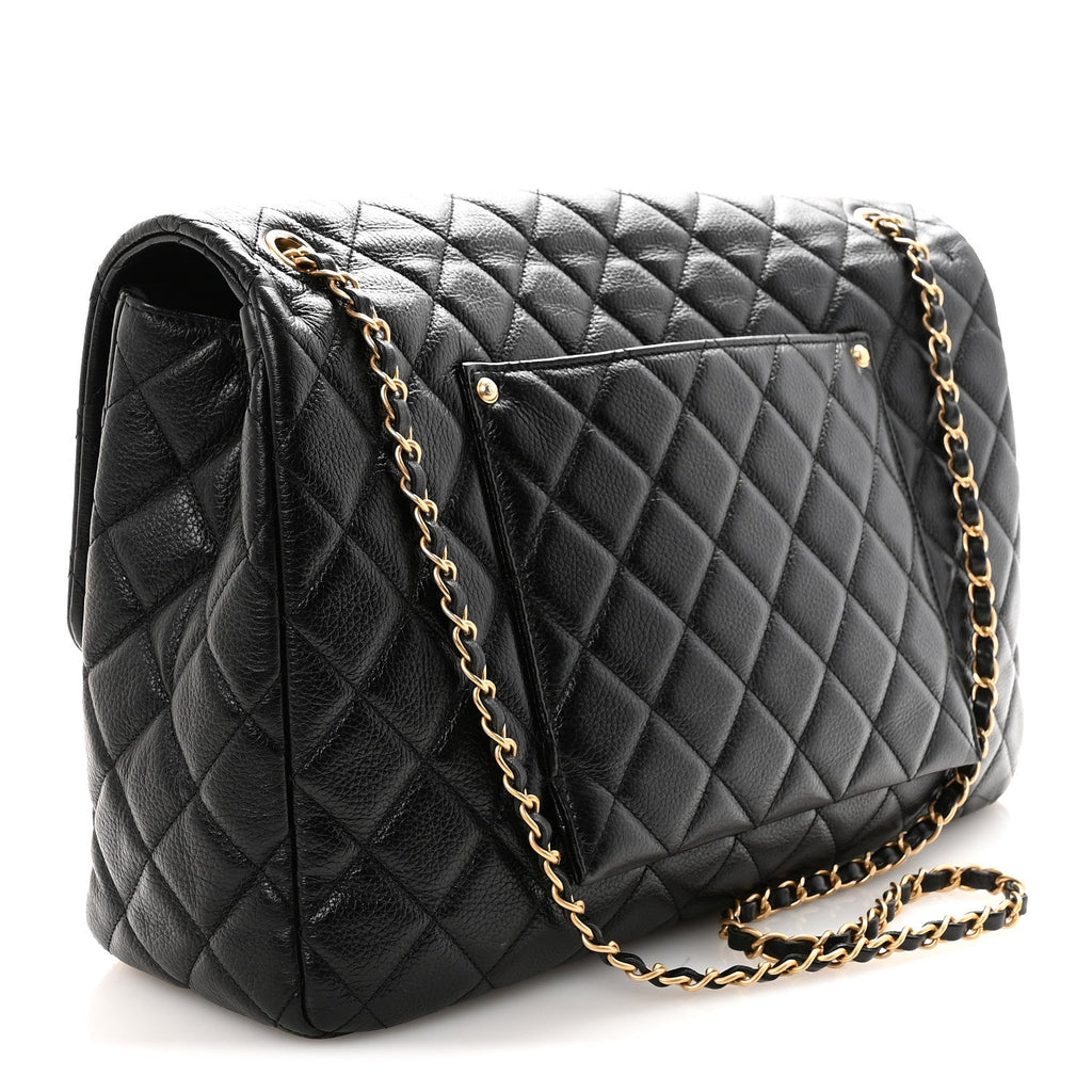 Grained Calfskin Quilted XXL Travel Flap Bag Black