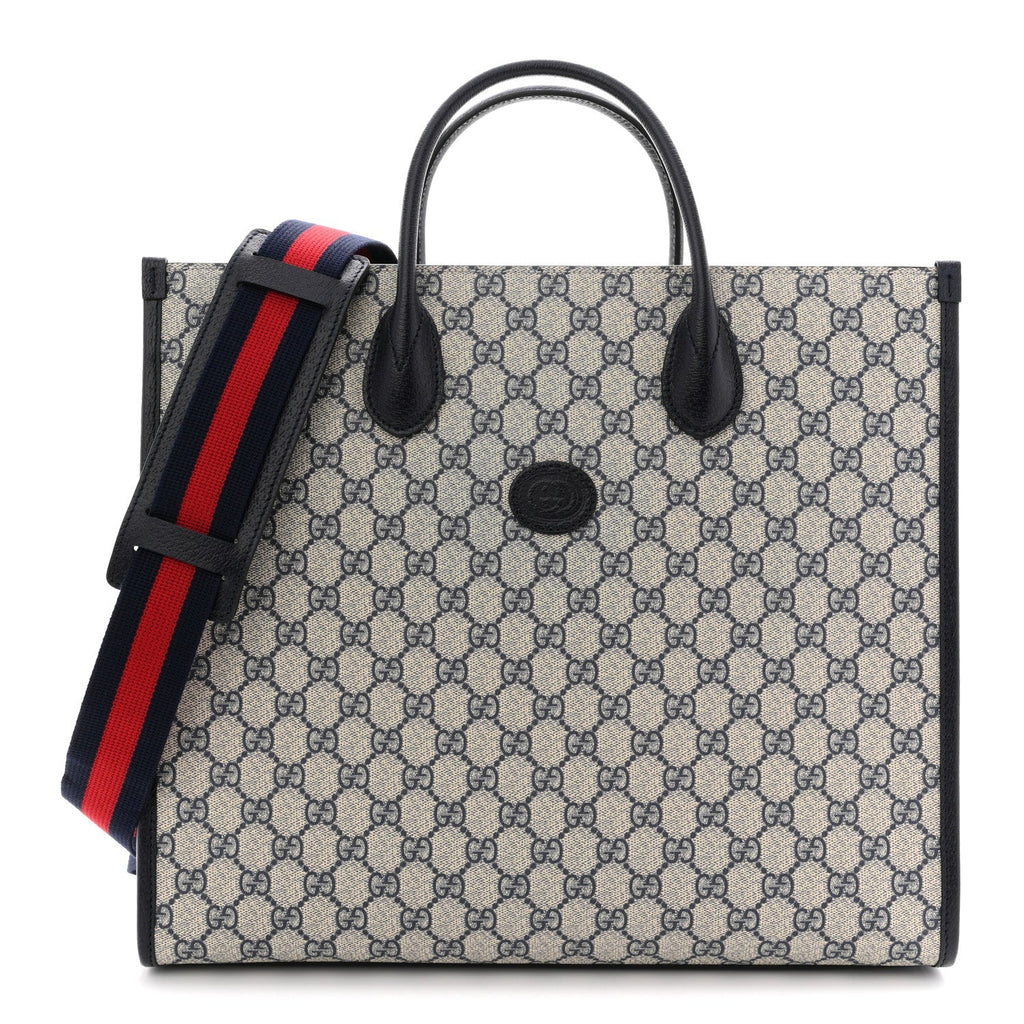 GG Supreme Monogram Azalea Calfskin Medium Retro Interlocking G Tote Bag Beige Blue