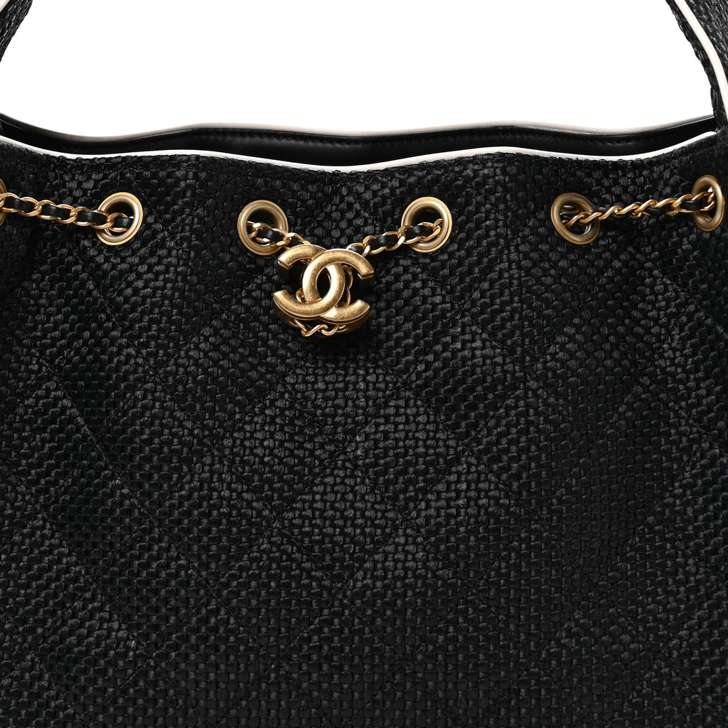 Braided Raffia Calfskin Small Chanel 25 Handbag Black White