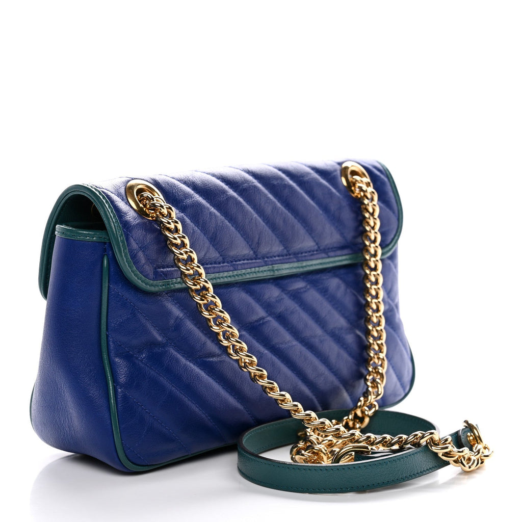 Azalea Calfskin Enamel Matelasse Diagonal Small Torchon GG Marmont Shoulder Bag Imperial Blue Pavone