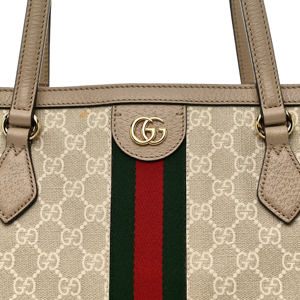 GG Supreme Monogram Textured Dollar Calfskin Web Medium Ophidia Shopping Tote Beige Mystic White Oatmeal
