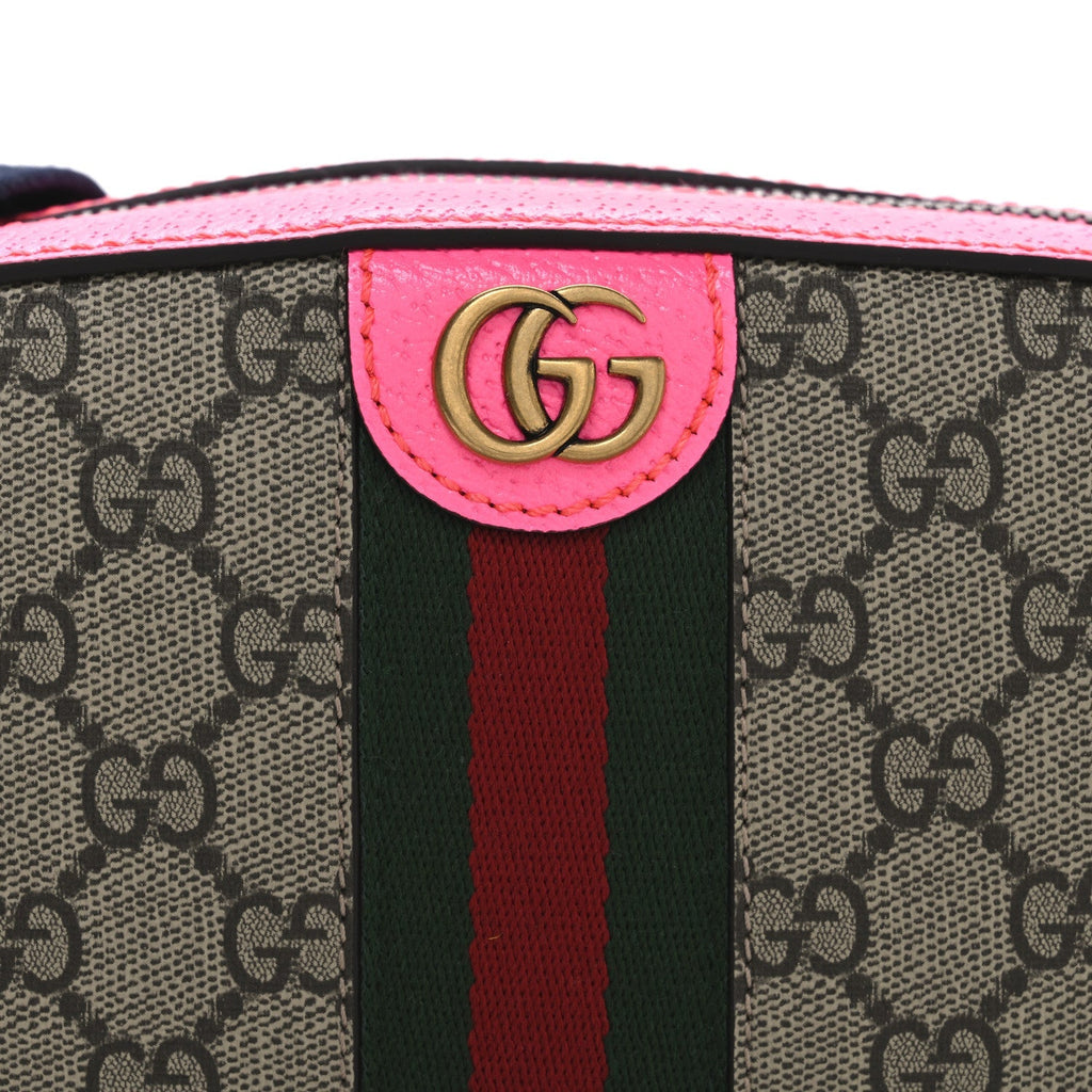 GG Supreme Monogram Textured Dollar Calfskin Web Ophidia Small Crossbody Bag Beige Ebony Fuchsia