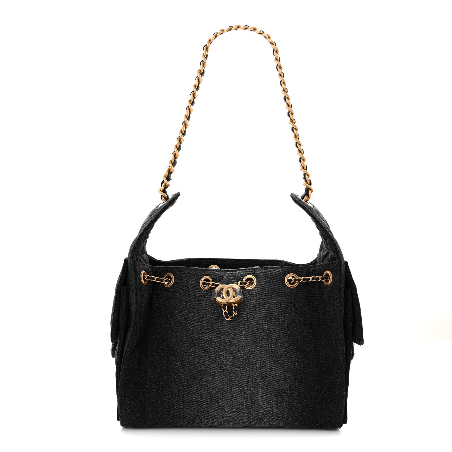 Washed Denim Quilted Small Chanel 25 Handbag Black