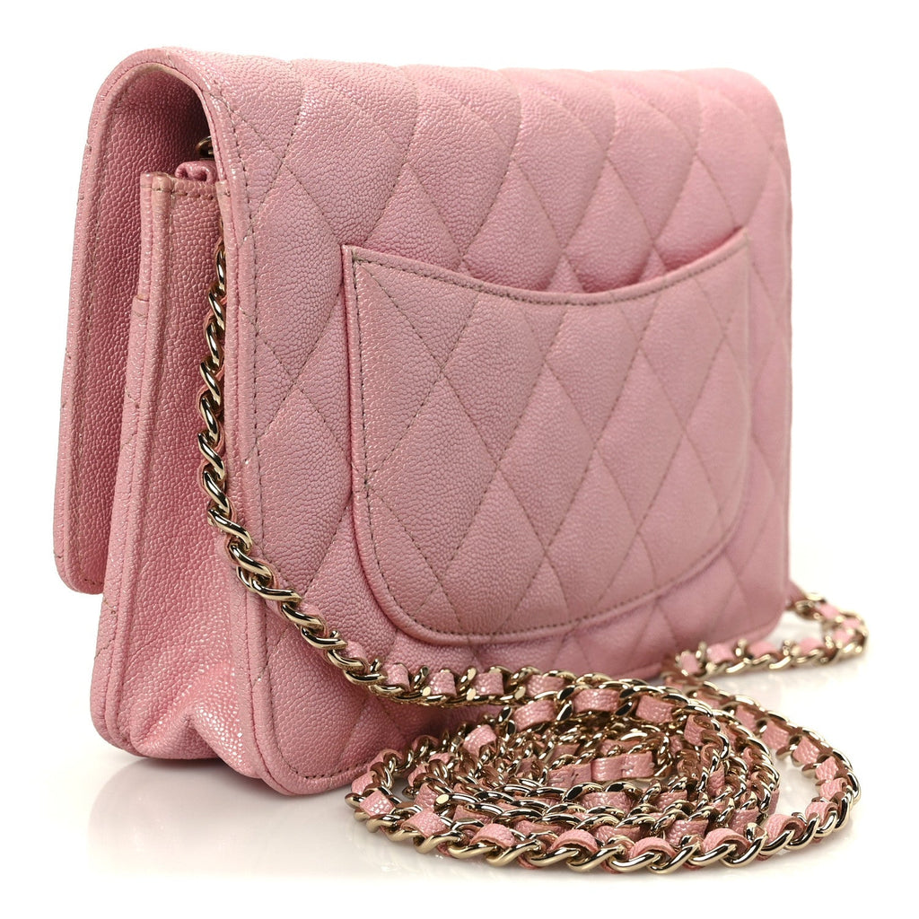 Iridescent Caviar Quilted Wallet on Chain WOC Rose Pink