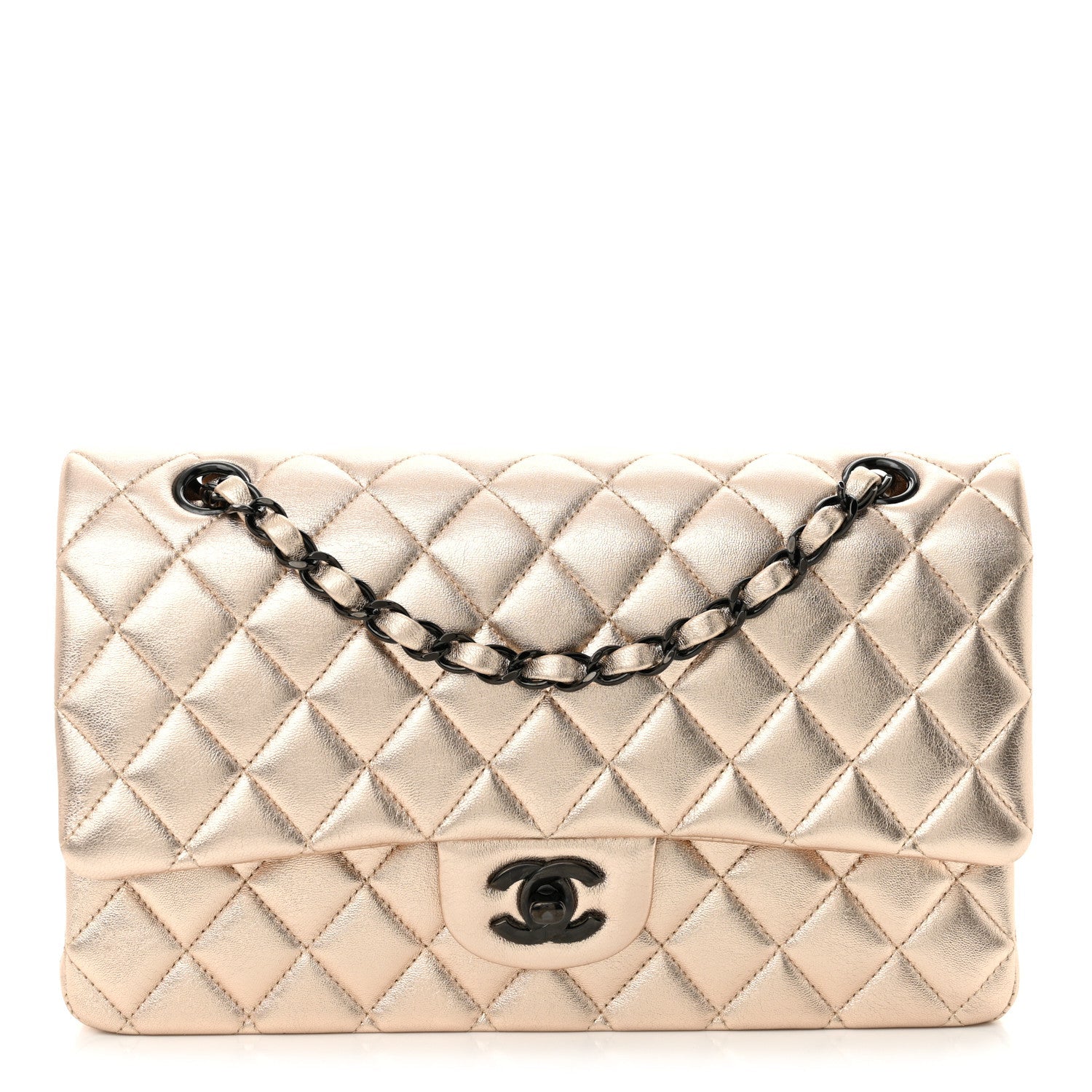 Metallic Lambskin Quilted Medium Double Flap Gold Black
