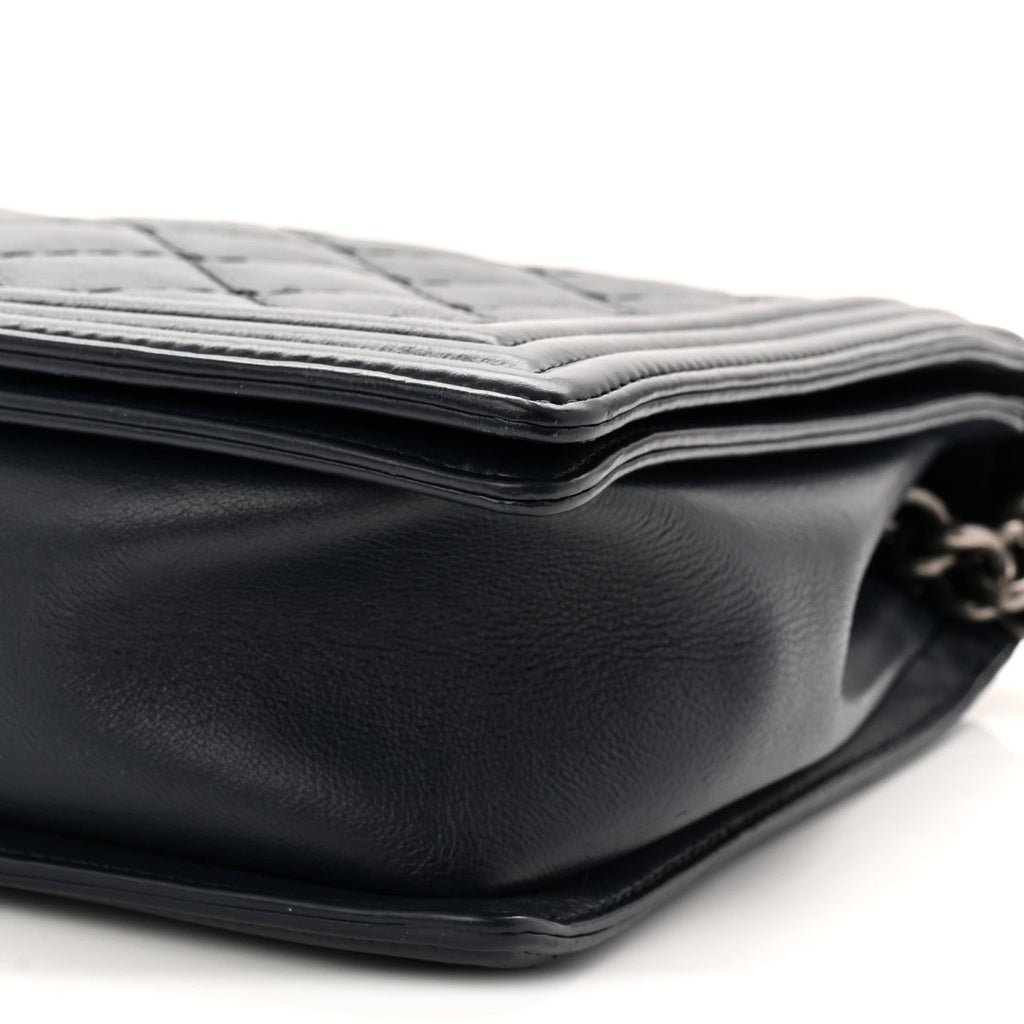 Calfskin Double Stitch Large Boy Flap Navy Blue