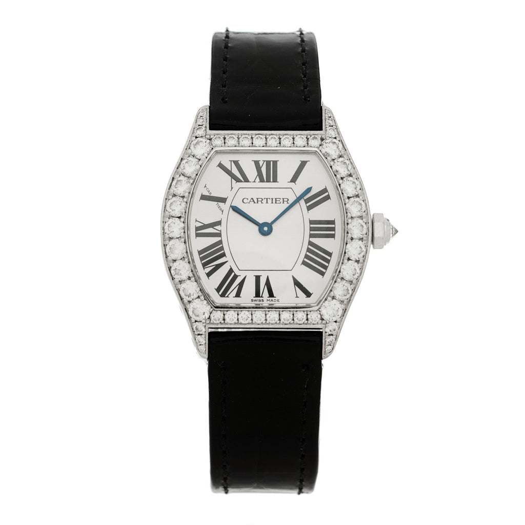 18K White Gold Alligator Diamond Bezel 28mm Tortue Manual Winding Watch Black