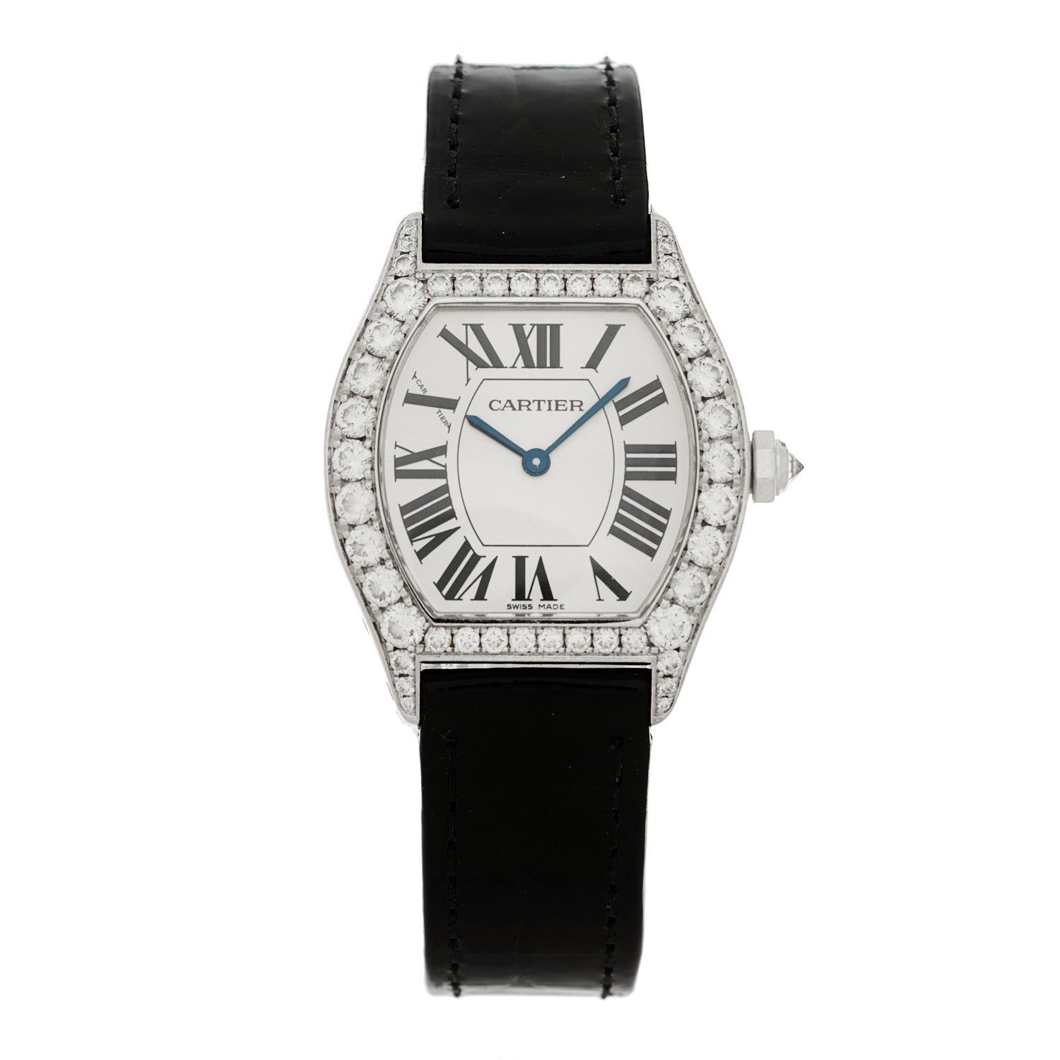 18K White Gold Alligator Diamond Bezel 28mm Tortue Manual Winding Watch Black