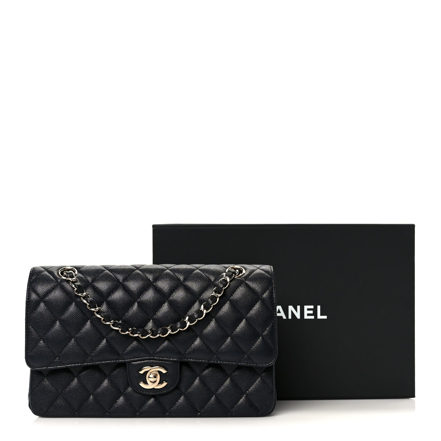 Caviar Quilted Medium Double Flap Navy