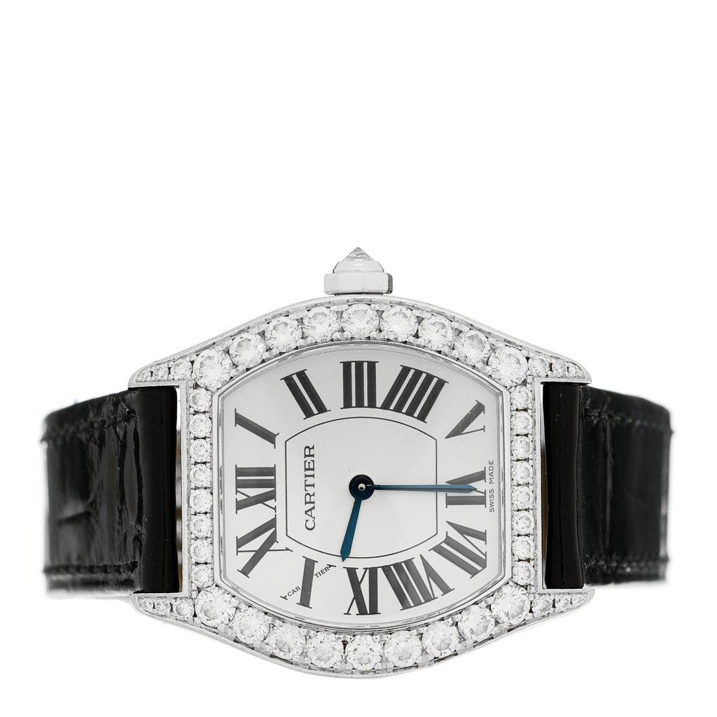 18K White Gold Alligator Diamond Bezel 28mm Tortue Manual Winding Watch Black