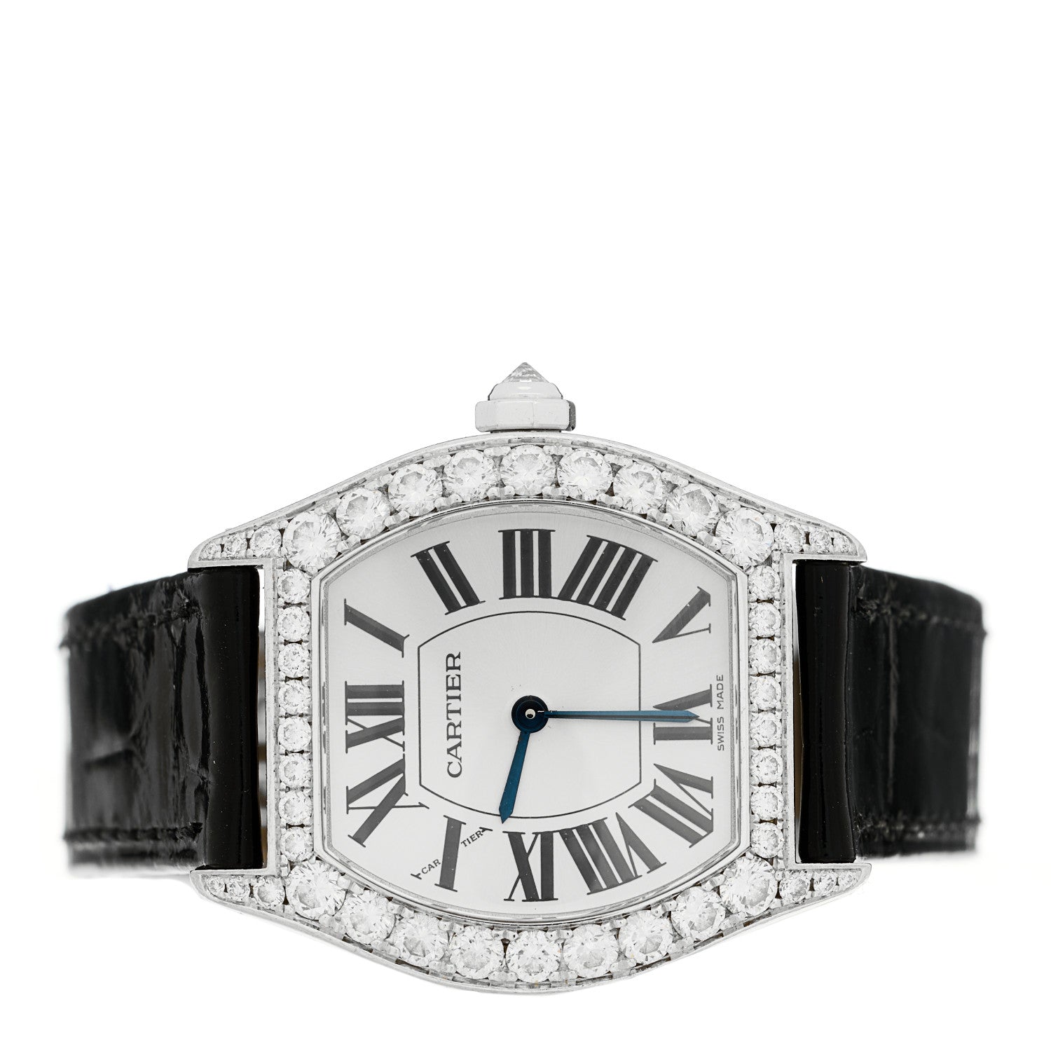 18K White Gold Alligator Diamond Bezel 28mm Tortue Manual Winding Watch Black