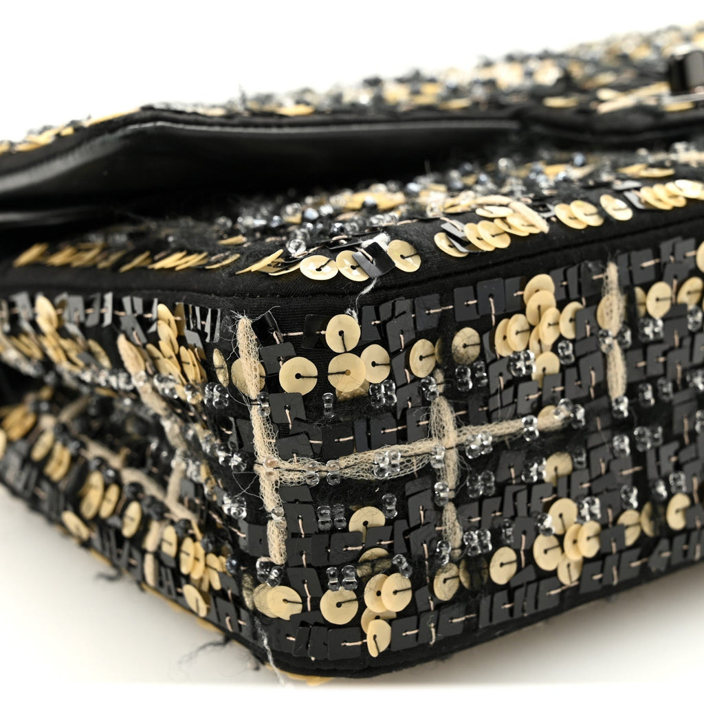 Satin Sequin Embroidered Medium Double Flap Black