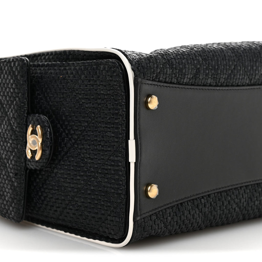 Braided Raffia Calfskin Small Chanel 25 Handbag Black White