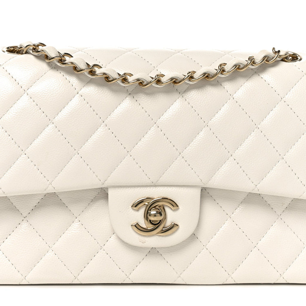 Caviar Quilted Medium Double Flap White