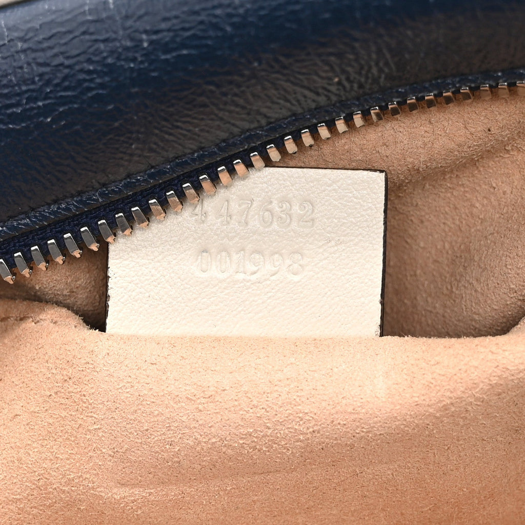 Vintage Effect Calfskin Matelasse Diagonal Small Torchon GG Marmont Chain Shoulder Bag Blue Agata Mystic White