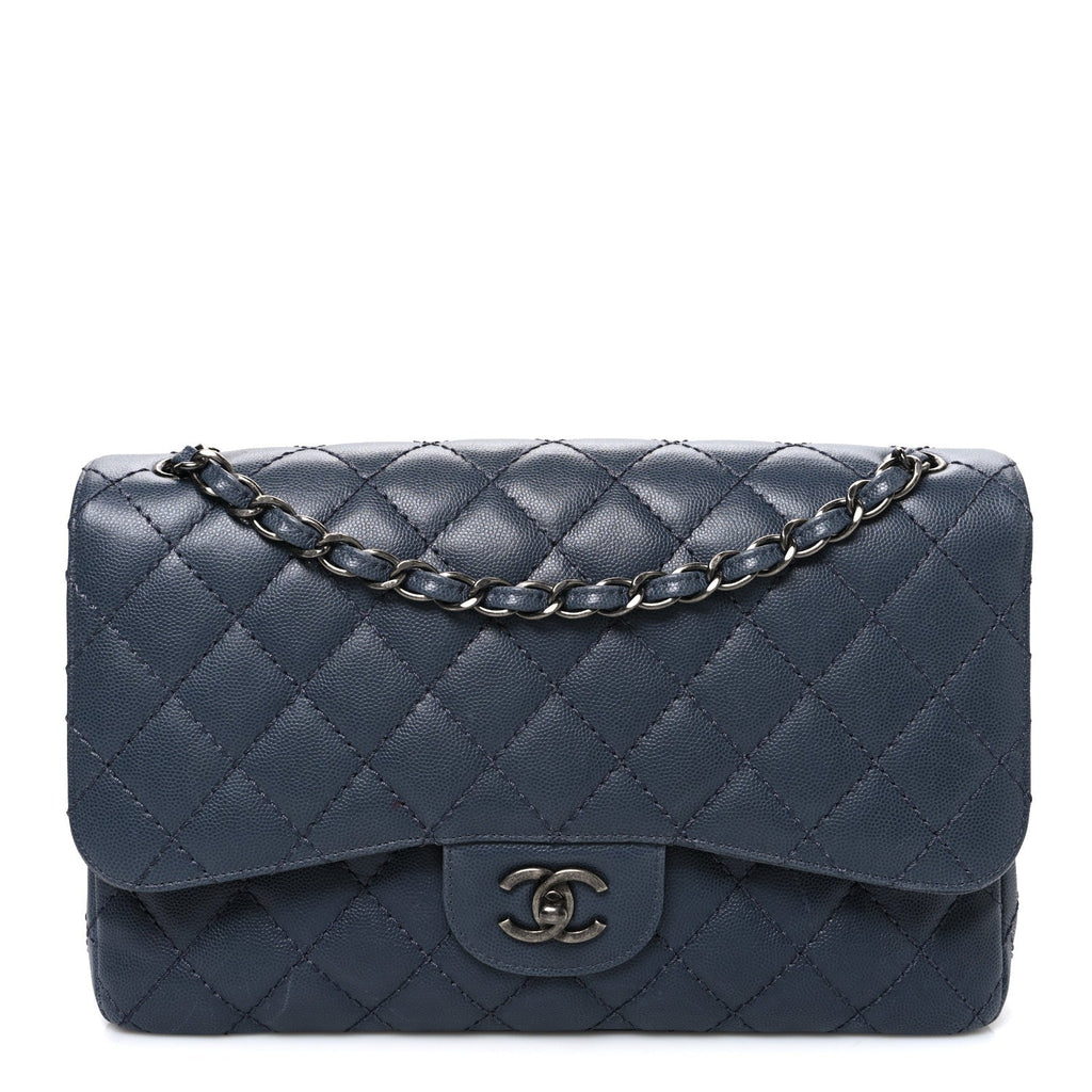 Caviar Quilted Jumbo Double Flap Dark Grey