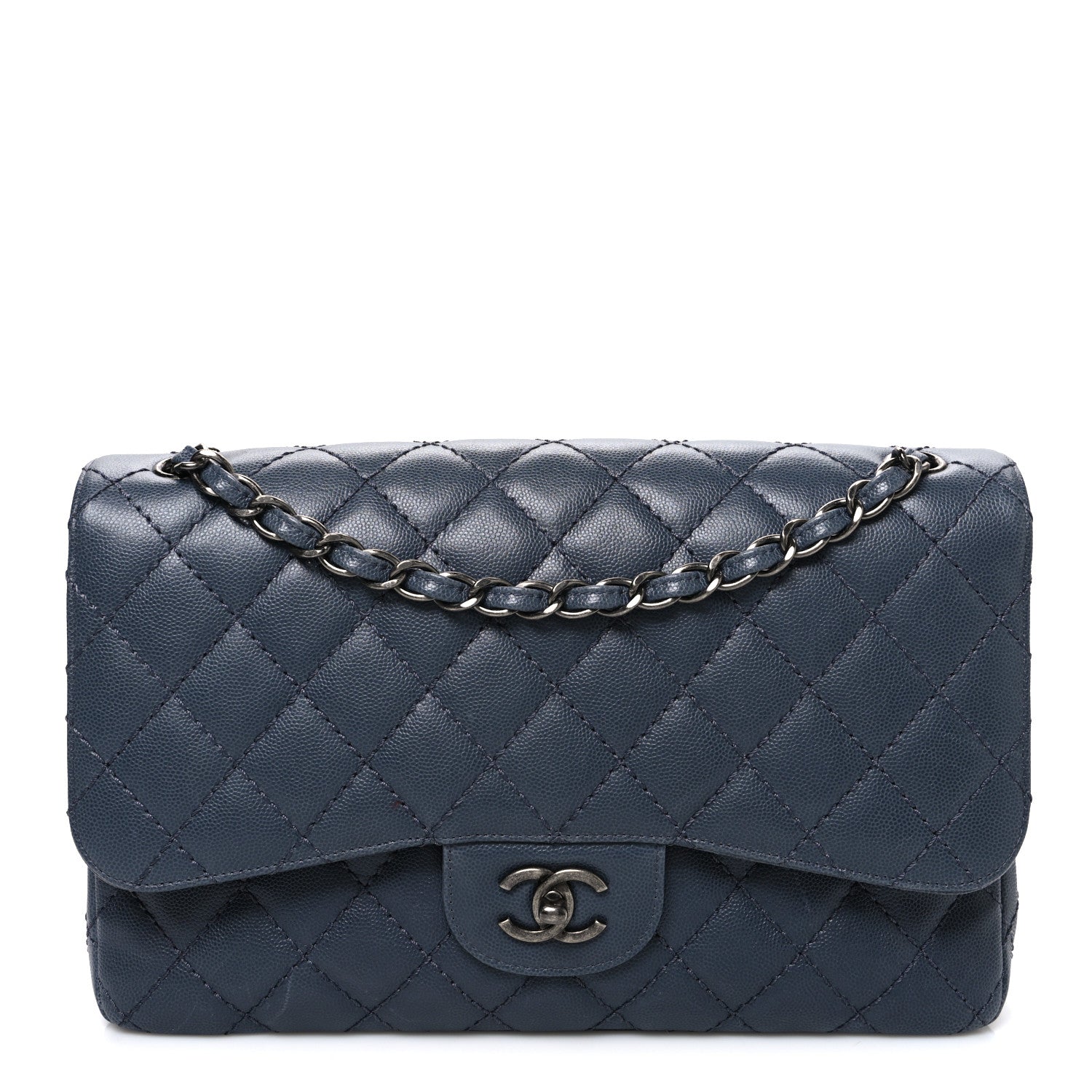 Caviar Quilted Jumbo Double Flap Dark Grey