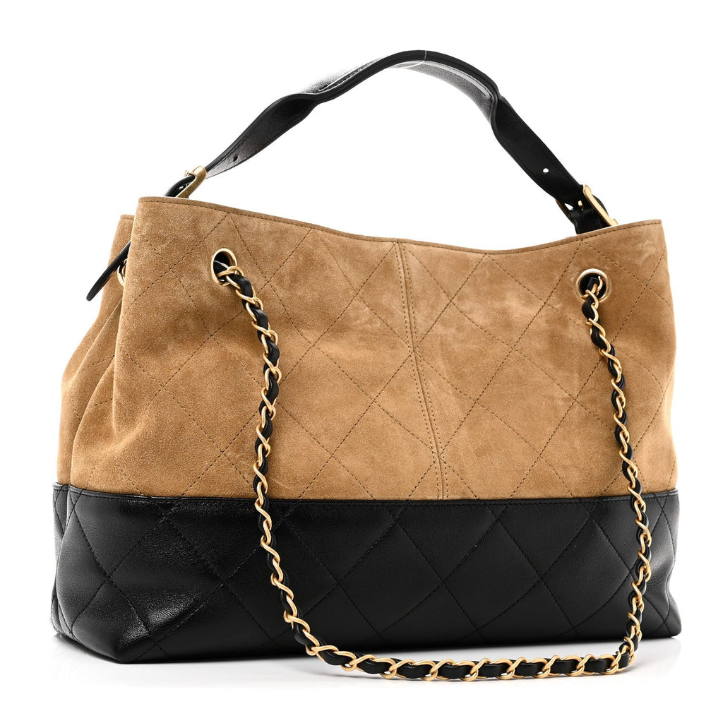 Suede Calfskin Shiny Lambskin Quilted Small Coco Base Shopping Bag Beige Black