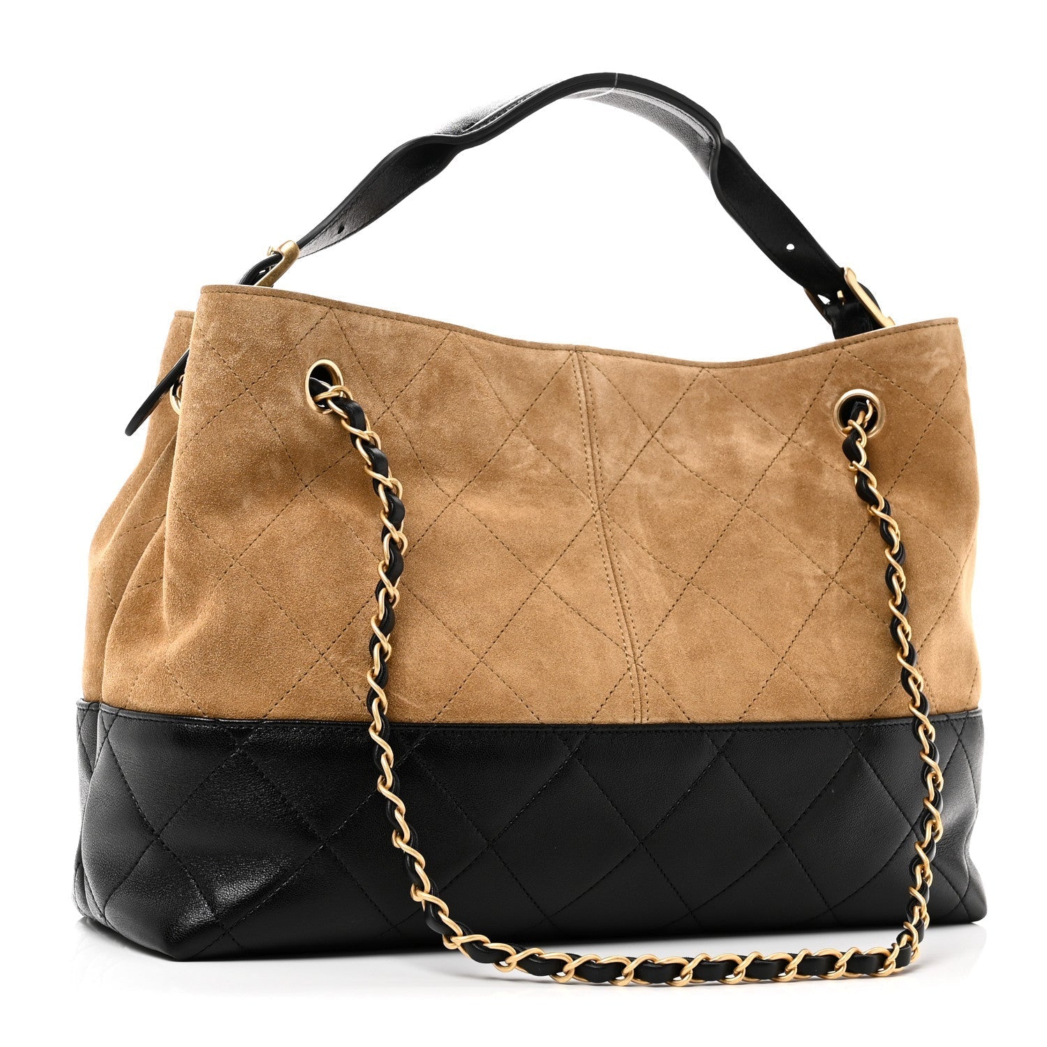 Suede Calfskin Shiny Lambskin Quilted Small Coco Base Shopping Bag Beige Black