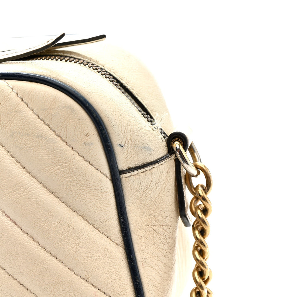 Vintage Effect Calfskin Matelasse Diagonal Small Torchon GG Marmont Chain Shoulder Bag Mystic White Blue Agata