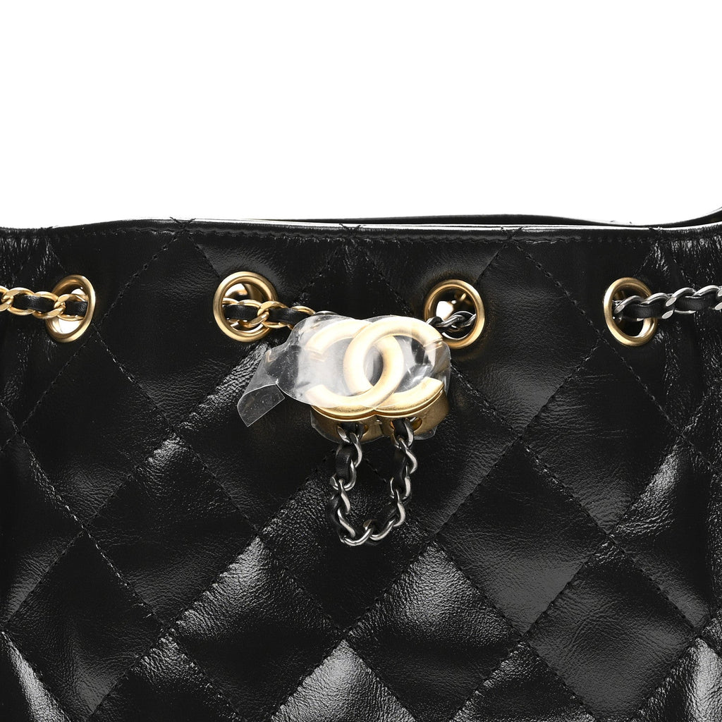 Shiny Crumpled Quilted Mini Chanel 25 Handbag Black