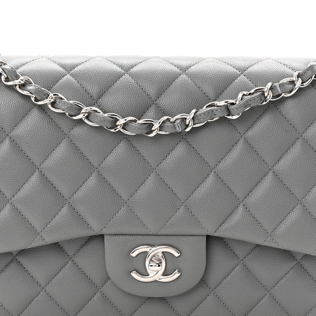 Caviar Quilted Jumbo Double Flap Grey