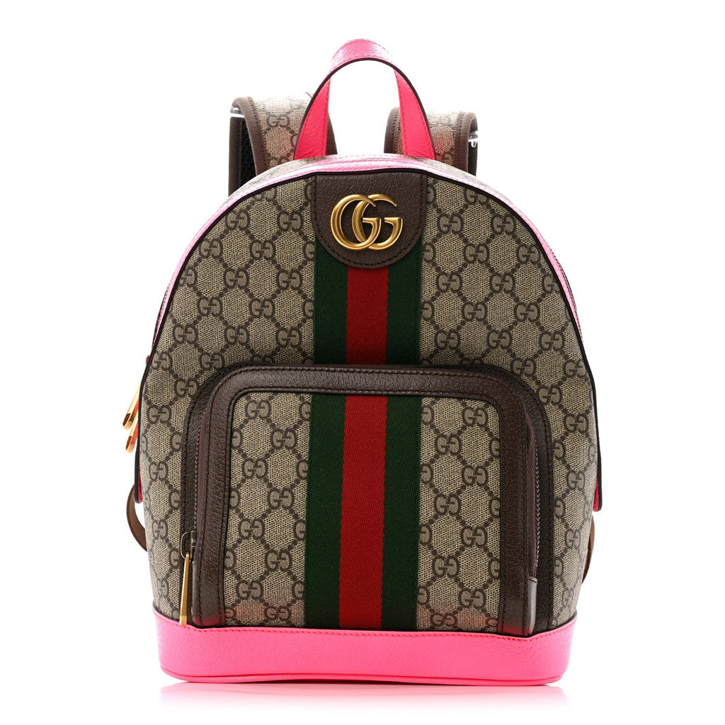 GG Supreme Monogram Textured Dollar Calfskin Web Small Ophidia Day Backpack Beige Ebony Fluorescent Fuchsia