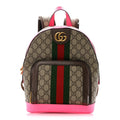 GG Supreme Monogram Textured Dollar Calfskin Web Small Ophidia Day Backpack Beige Ebony Fluorescent Fuchsia