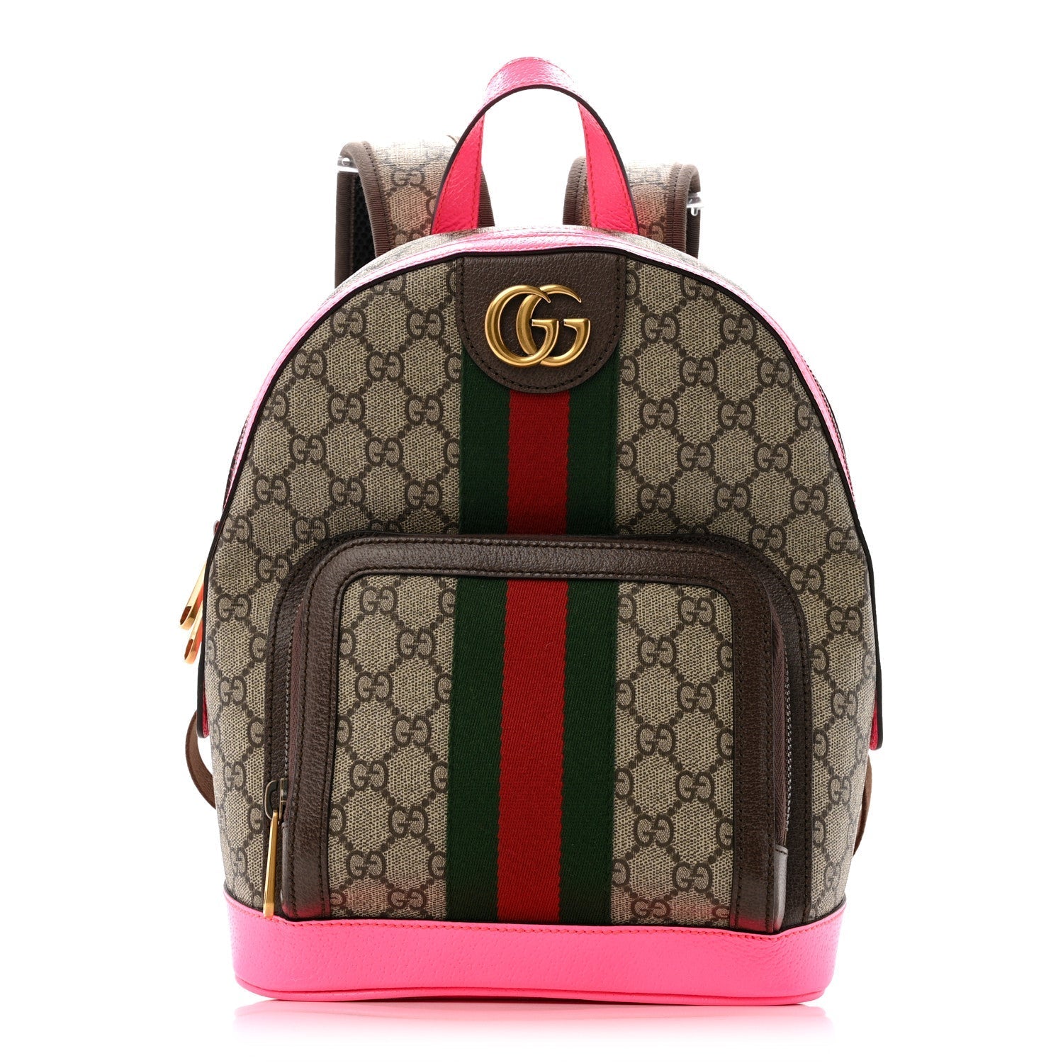 GG Supreme Monogram Textured Dollar Calfskin Web Small Ophidia Day Backpack Beige Ebony Fluorescent Fuchsia
