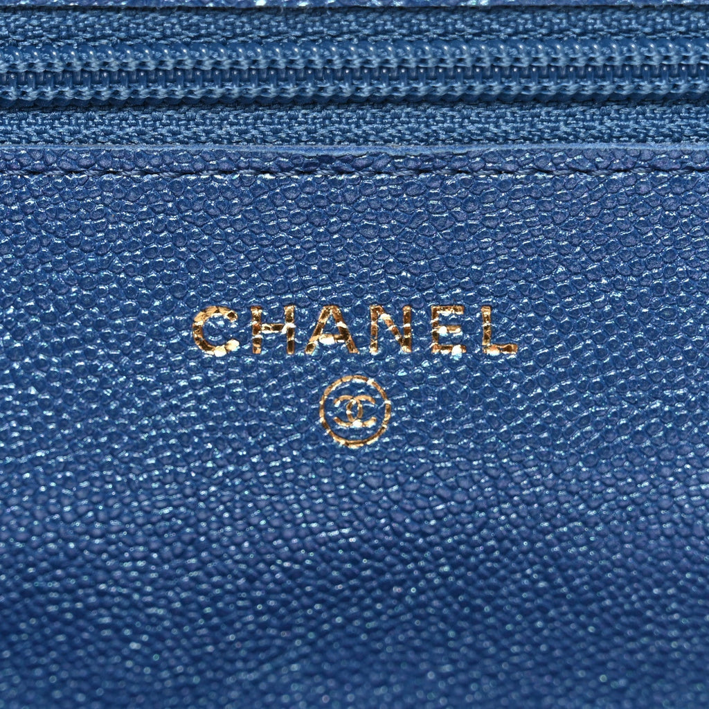 Iridescent Caviar Quilted Wallet on Chain WOC Dark Blue