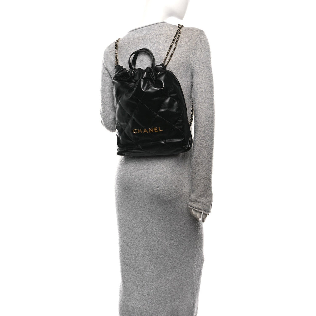 Shiny Calfskin Quilted Chanel 22 Backpack Black