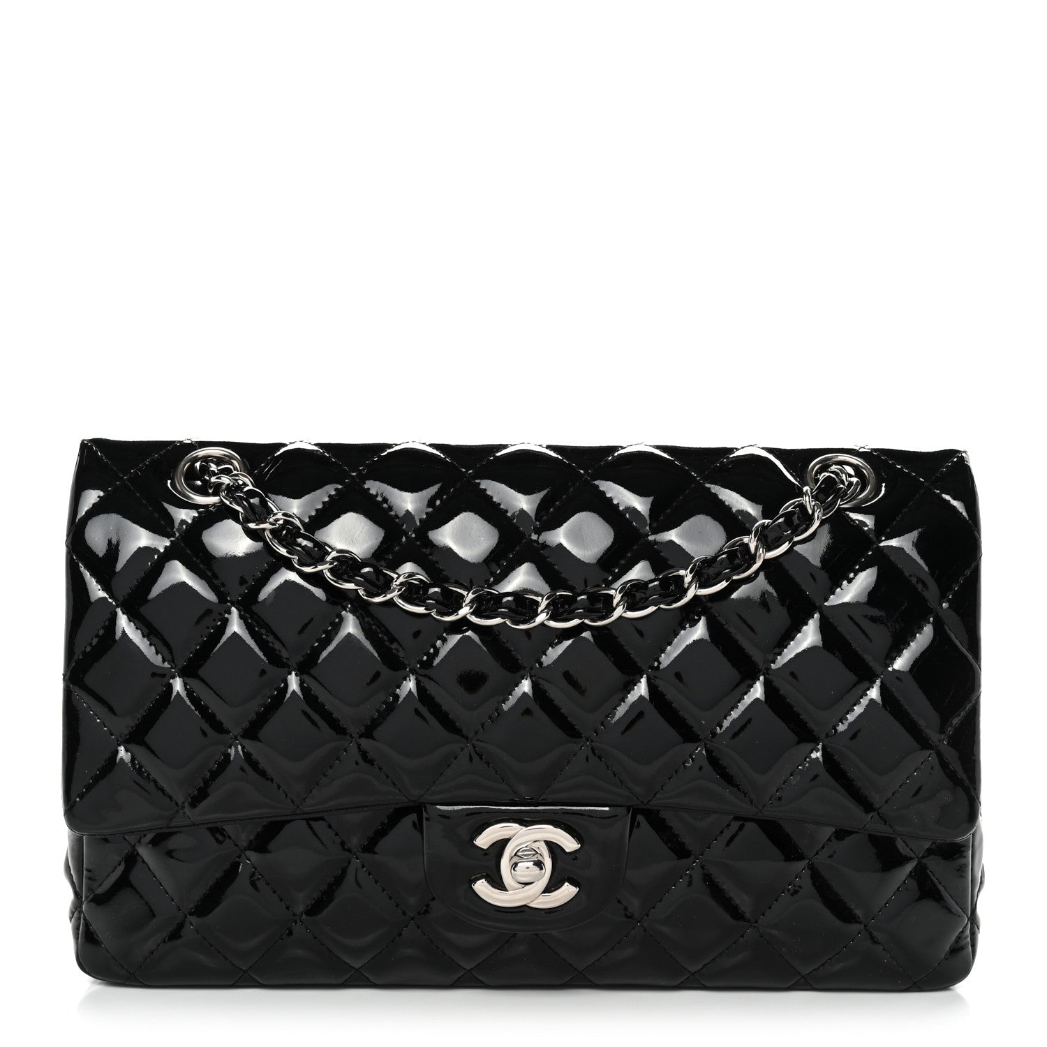 Patent Quilted Medium Double Flap Black