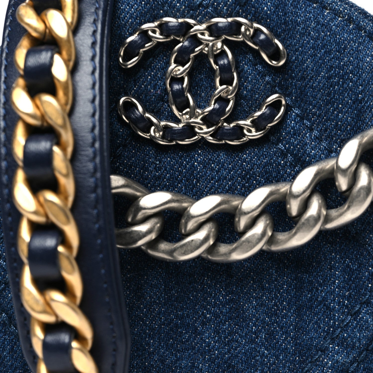 Denim Quilted Chanel 19 Round Clutch With Chain Blue