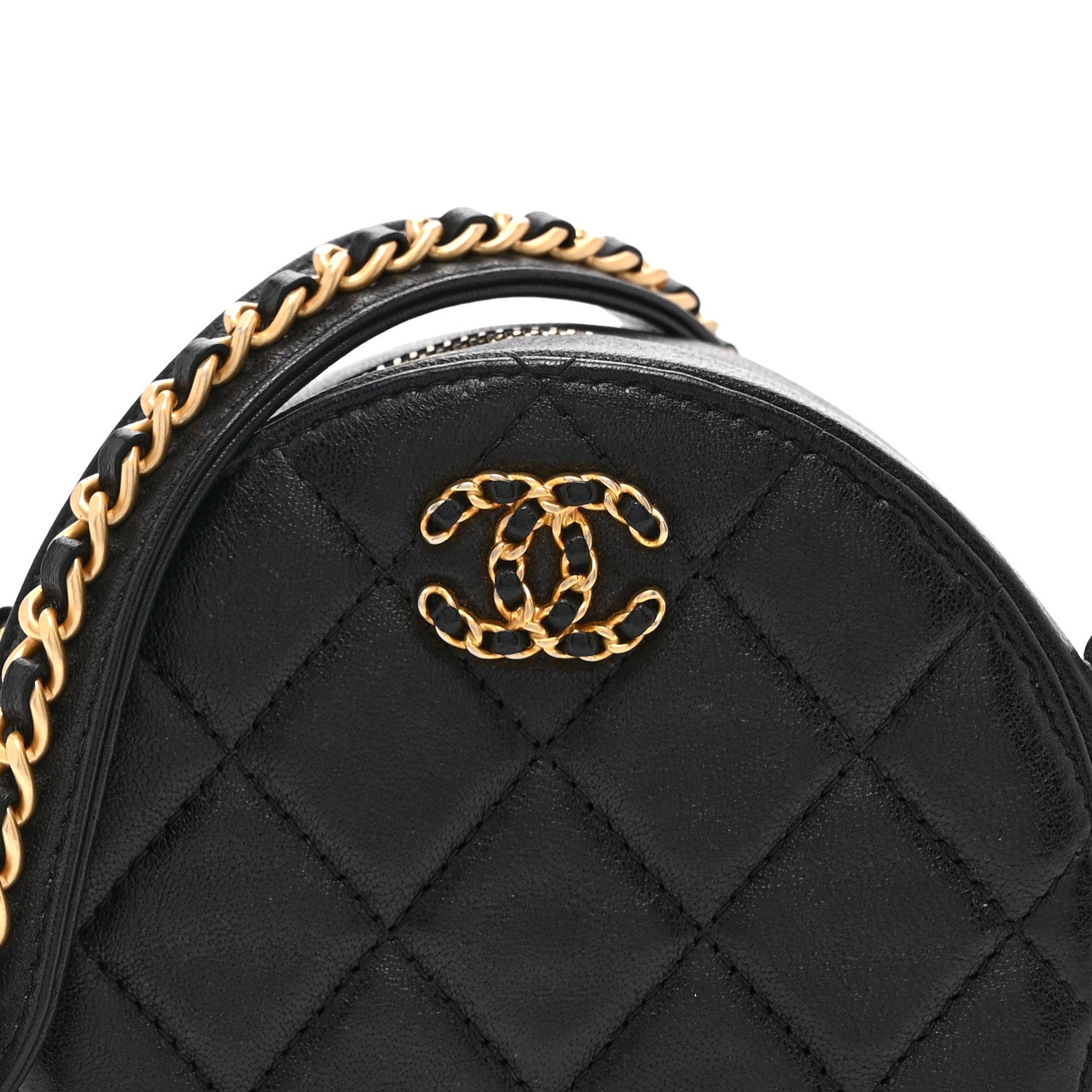 Goatskin Quilted Chanel 19 Round Clutch With Chain Black