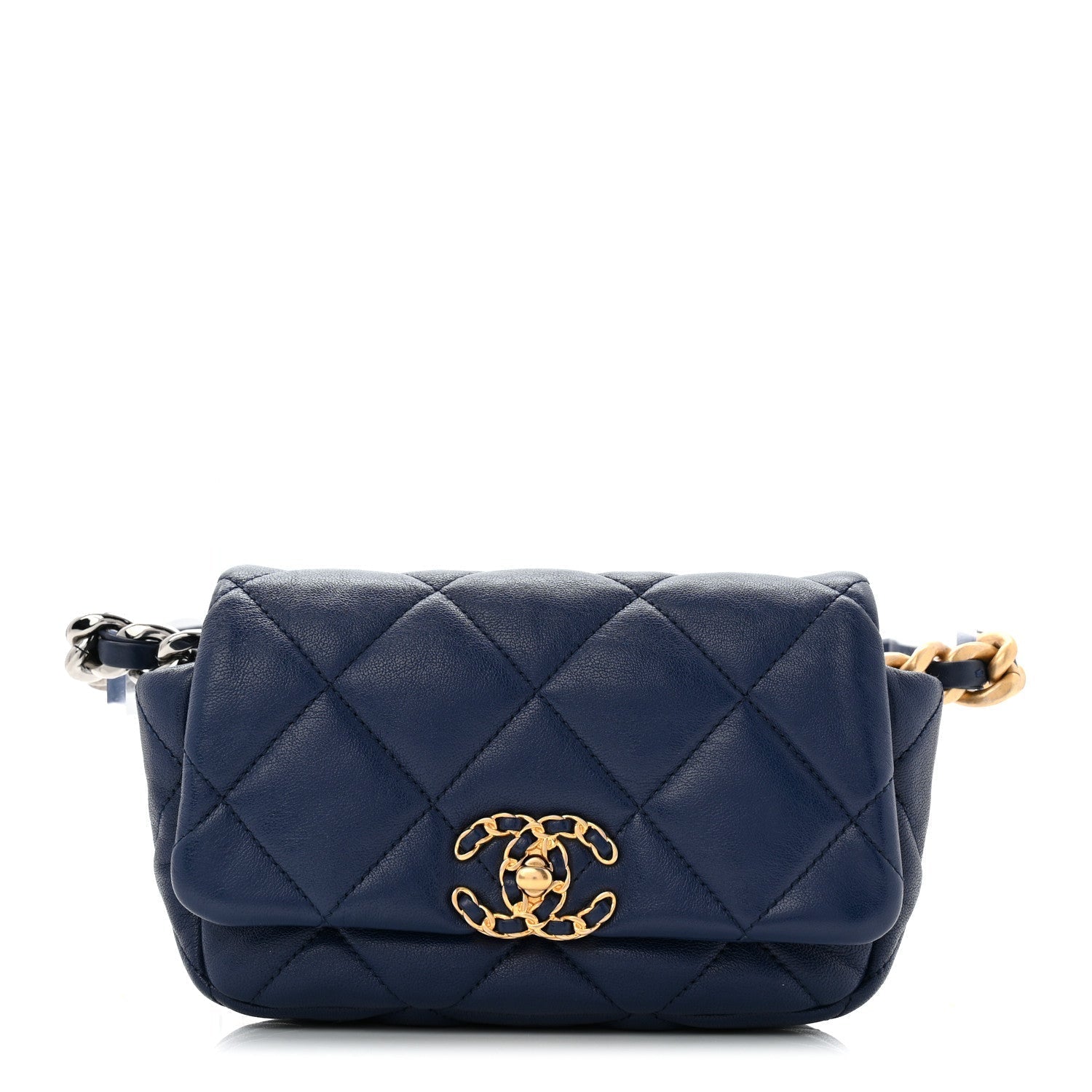 Goatskin Quilted Chanel 19 Waist Bag Dark Blue