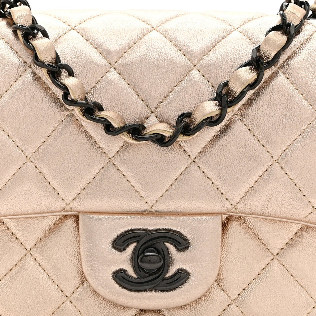 Metallic Lambskin Quilted Mini Square Flap Gold Black