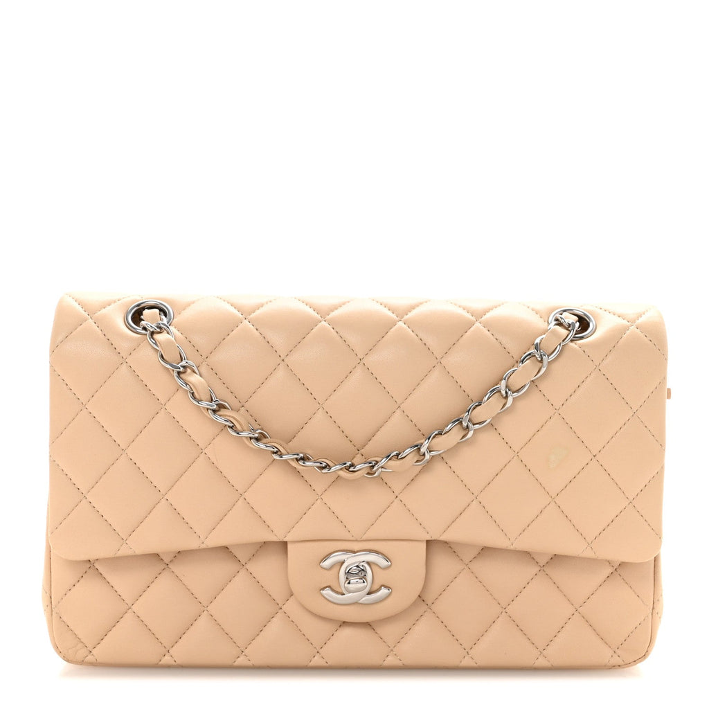 Lambskin Quilted Medium Double Flap Beige