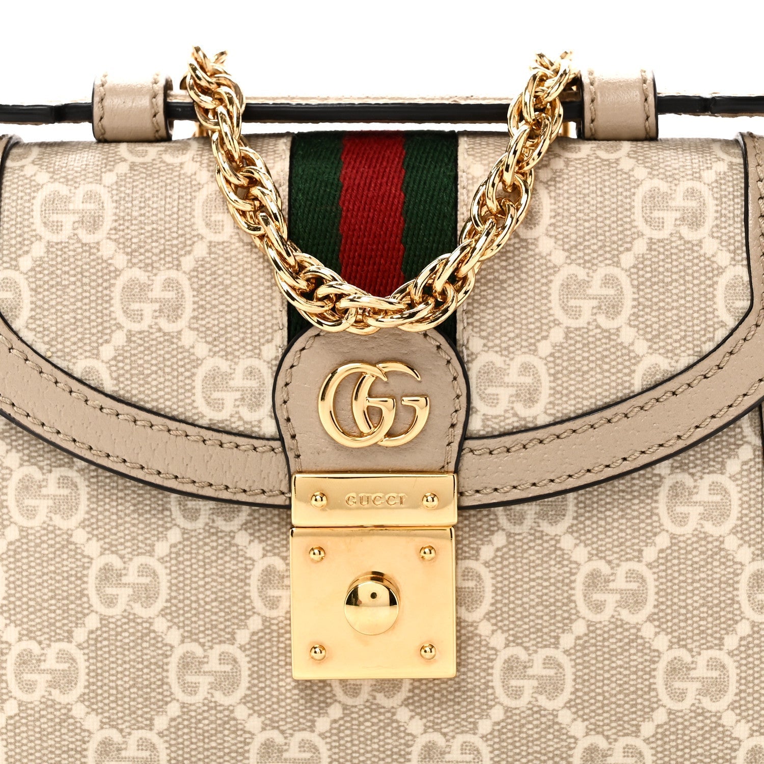GG Supreme Monogram Textured Dollar Calfskin Web Mini Ophidia Padlock Top Handle Chain Shoulder Bag Beige Mystic White Oatmeal