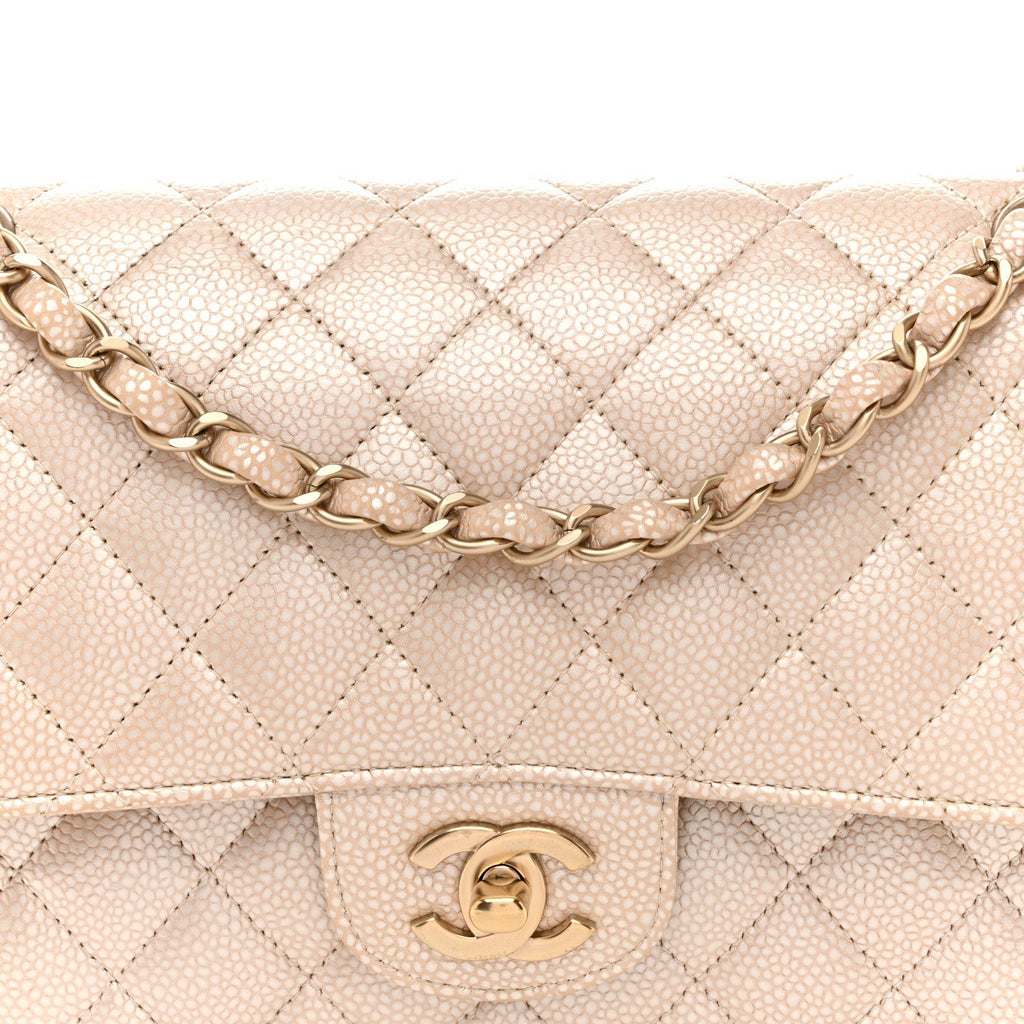 Pearly Caviar Quilted Medium Double Flap Light Beige