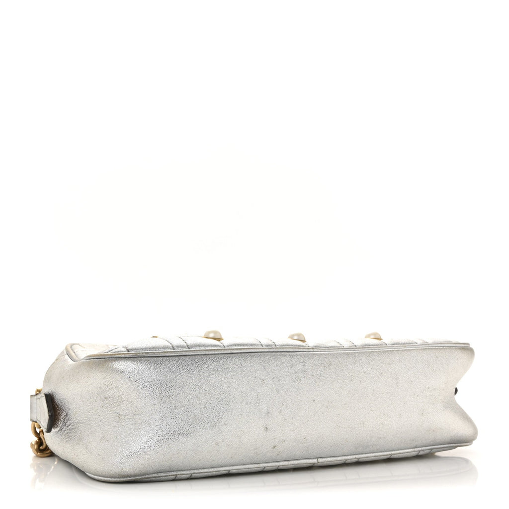 Metallic Calfskin Matelasse Studded Small Pearly GG Marmont Chain Shoulder Bag Silver