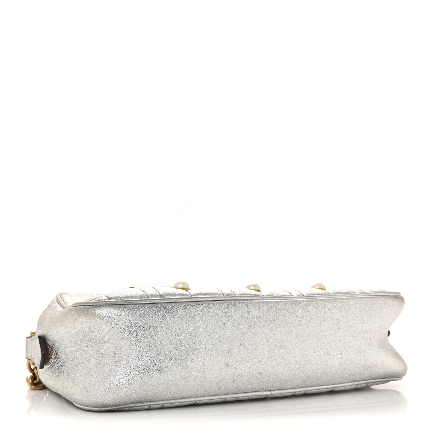 Metallic Calfskin Matelasse Studded Small Pearly GG Marmont Chain Shoulder Bag Silver