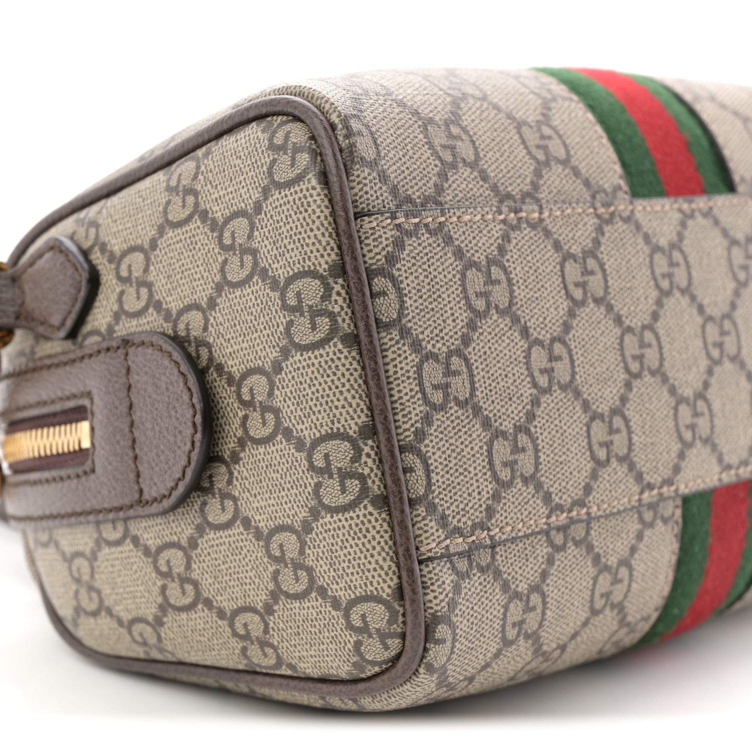 GG Supreme Monogram Textured Dollar Calfskin Web Mini Ophidia Top Handle Bag Beige Ebony New Acero