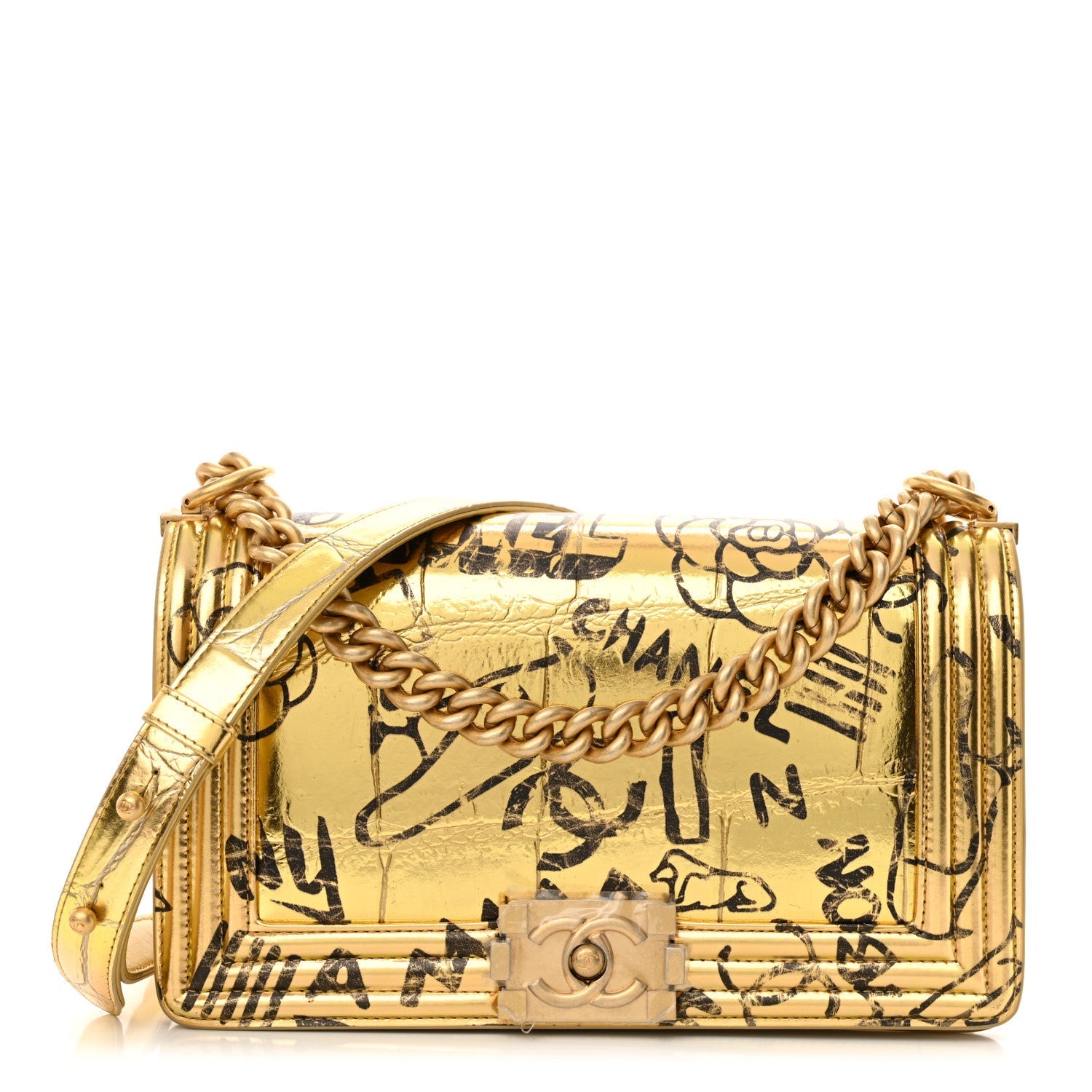 Metallic Calfskin Crocodile Embossed Graffiti Medium Cocodile Boy Flap Gold