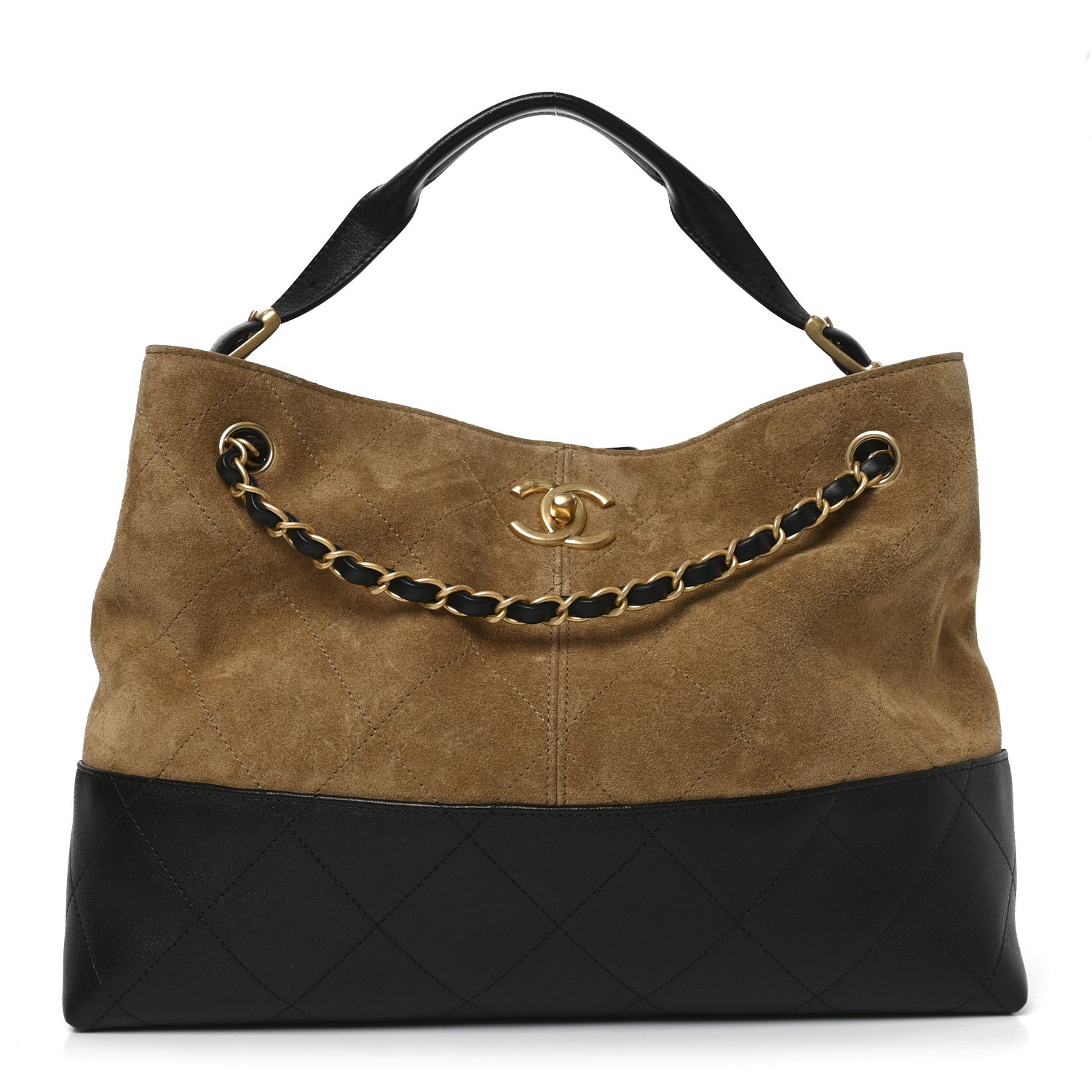 Suede Calfskin Shiny Lambskin Quilted Small Coco Base Shopping Bag Beige Black