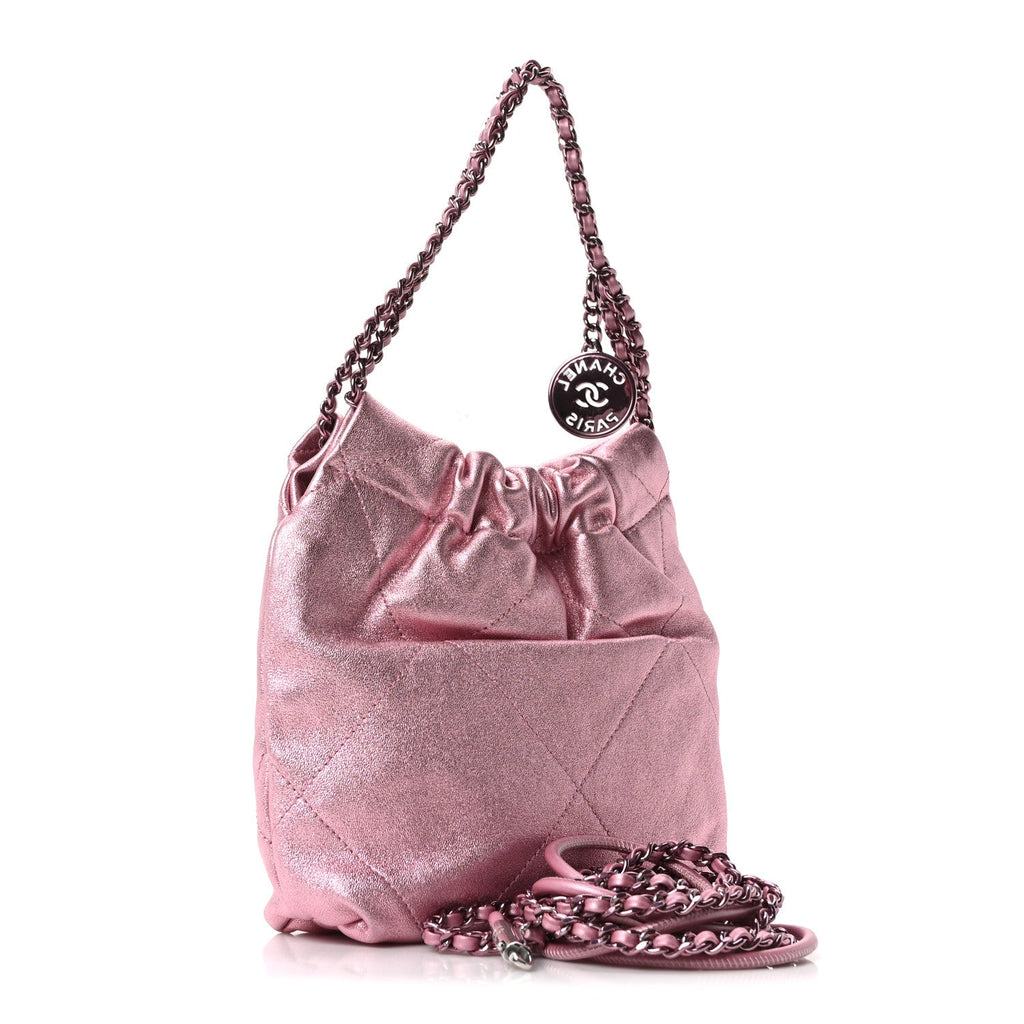 Metallic Lambskin Lacquered Monochrome Quilted Mini Chanel 22 Pink